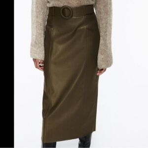 Zara Deep Olive Green Belted Faux Leather Pencil Skirt w/ Pockets